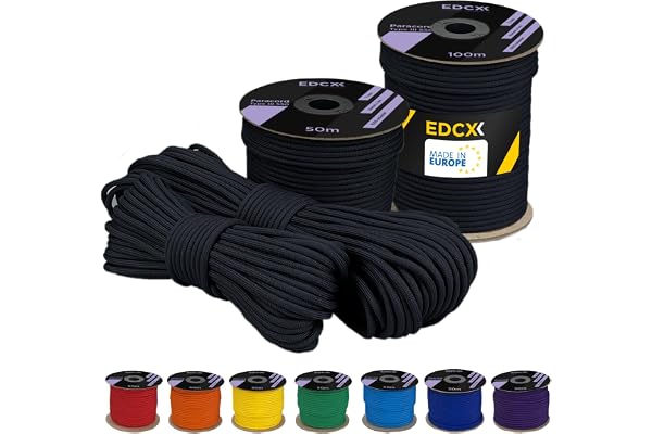 EdcX 4 mm Polyester Paracord 550 (15, 30 et 50 m) – 4 mm Type III, Corde de Parachute résistante à la déchirure pour la Survie 100% Polyester avec 7 Fils | Couleurs Unies