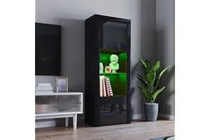 Panana 2 Door LED Tall Display Sideboards Matt Body & High Gloss Fronts Storage Cabinet with Glass Shelf for Living Dining Room W 62 x D 35 x H 160cm (All Black)