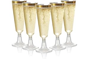 MATANA 24 Copas de Champán de Plástico con Borde Dorado, 150ml - Flautas de Champán - Vasos de Plástico Reutilizables y Resistentes para Cócteles, Postres - Bodas, Cumpleaños, Fiestas