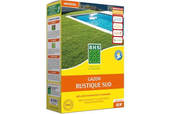 BHS Gazon Rustique Sud - Gazon Plus Résistant et Mieux Protégé - 1kg - 40 m² - Résistance Aux Conditions Sèches Grâce A La Fétuque Elevée - Rapide et Homogène GRS1