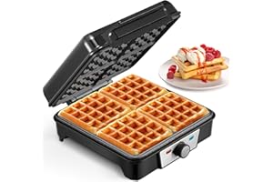 Reemix Piastra per Waffle per 4 Cialde Belghe, 1200 W Cialda Elettrico con Piastre Antiaderenti, Piastra Waffle Anti-versamento, Indicatori luminosi, Acciaio inossidabile, SLS8005