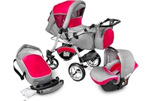 GaGaDumi Urbano 3 in 1 Kombikinderwagen Kinderwagen mit Autositz Komplettset incl Babyschale Buggy Wickeltasche Regenschutz Moskitonetz Voll-Gummireifen Rot/Grau