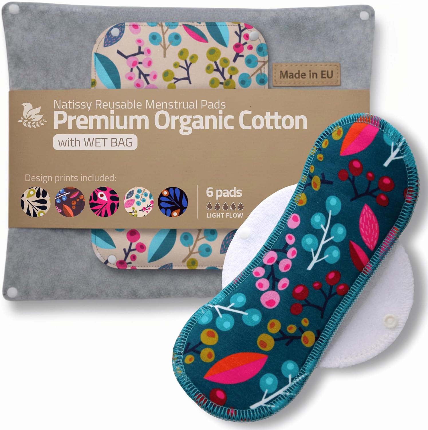 Compresas reutilizables en algodón orgánico para flujo ligero (S+M, 6 uds.); lavables a alta T°, HECHAS EN LA UE; suaves y no irritantes, compresas de tela para una higiene menstrual cómoda de mujeres