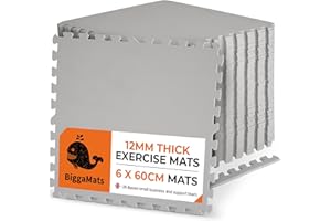 BIGGAMATS | 12mm EVA Foam Fitness Interlocking Floor Exercise Mat 60 cm x 12 | Non-Slip Workout Mats for Home Workouts, Gym, Yoga, & Training | Grey Gym Flooring for Indoor and Outdoor Use