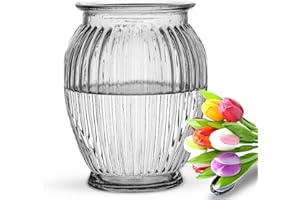 Wrenbury Ribbed Glass Vase for Flowers Large - Clear Glass 18cm - Tulip Vase for Roses, Bud, Daffodils or Peony - Big Wide Round Mouth for Posy for Mum