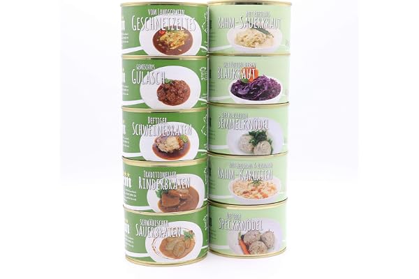 Nödfallsrationspaket – 5 dagar – 5 menyer – grisstek, gulasch, stek, nötköttstek, fläskstekt – diem 10 x 400 g konserverad – lång MhD