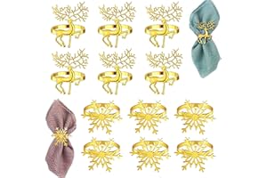 ZEXUPORIUM 12 Pièces Rond de Serviette Noel,6 Pièces Renne Rond de Serviette Noel,6 Pièces Rond de Serviette Flocon de Neige, pour Noel Decoration Table, Fête, Mariage, Thanksgiving (Doré)