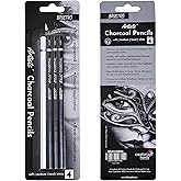 BRUSTRO Artists Charcoal Pencil - Set of 4 (3 Black Shade - Soft, Medium, Hard and 1 White - Medium) | Ideal for Drawing, Sha