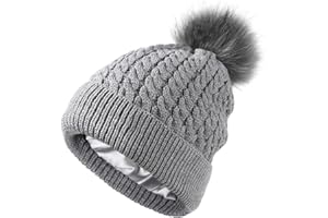 SHINCHIC Womens Winter Satin Lined Beanie Hat Cuffed Cable Knit Detachable Faux Fur Pompom Silky Lined Warm Cap