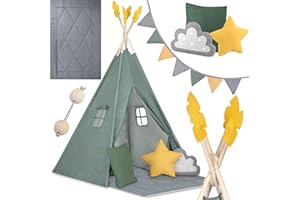 Nukido Tipi Enfant avec Tapis Intérieure Et Extérieure Tente De Jeu 3 Coussins Et Girlande Développement Sensoriel Décoration De Chambre d'enfants Vert