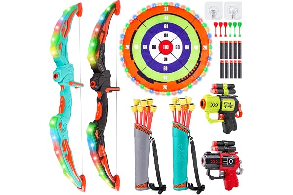 Verdantree 2 Pack Arc et Flèche pour Enfants avec Lumières LED, Grand Jeu de fléchettes Jouet Enfant de Tir à l'arc Lumineux, Jouet d'Intérieur et d'Extérieur pour 3-12 Ans Cadeau Garçons Filles