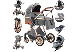 Zkiprm Poussette 4 en 1 avec ISOFIX Base, Poussette Bebe, Poussettes et Landaus, Poussette Compacte Portative de Canne, Pliage D'un Clic, Combinaison de Poussette Paysage Cadre en Aluminium élevé