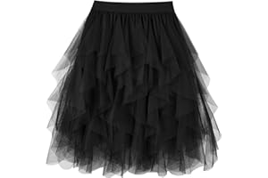 TRIWORKS Tulle Skirt Women Irregular Elastic High Waist Layered Mesh Tulle Tutu Midi A-line Fairy Skirt Halloween Prom Party Ballet Bubble