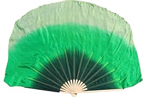 Winged Sirenny Single Belly Dance Short Silk Fan Veil,Large Flutter Flag Streamer (Dark green-green-yellow green)