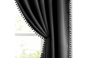 Abstractex Black Pom Pom Blackout Curtains 90 Inch for Living Room Eyelet 100% Room Darkening Window Curtains Thermal Insulated Panels for Nursery Kids Boys Men’s Bedroom Decorative 54" W 1 Pair