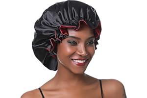 SENGTERM Bonnet de nuit en satin et soie - Pour femme - Double couche réglable - Pour cheveux bouclés - Taille XL - Noir et rouge