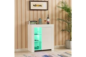 ‎TUKAILAI TUKAILAi Modernes Weiß Hochglanz Matt Schrank Sideboard mit LED Leuchten Bücherregal Aufbewahrungsschrank für Esszimmer Wohnzimmer Küche Büro