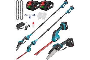 ONEVAN Teleskopisk häcktrimmer och motorsåg, 4-i-1, roterande 180° | 2 x 3,0 Ah batterier, 2,25 m utdragbar stolpe, 6 tum motorsåg och 30 cm häcksax, borstlös, för höjdbeskärning