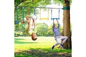 GENTLE BOOMS SPORTS Ninja Warrior Hindernisparcours für Kinder 2×56ft Slackline Set für 5+ Jährige mit Monkey Bars Leiter Klettern Griffe Pulley Disc Baumschwinge Gymnastikringe Outdoor (11 Obstacles)