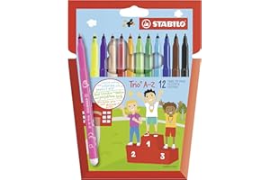 STABILO Trio A-Z - Feutre de coloriage - Étui carton x 12 feutres pointe moyenne - dont 2 fluo
