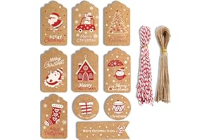 Daover 100 Pezzi Etichette Regalo di Natale, Etichette in Carta Kraft, Tag Regalo, 10 Stili, Etichette Appese Natalizie con Filo di Cotone e Filo di Spago per Decorazioni Natalizie e Confezioni Regalo