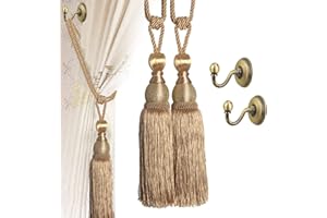 VEGCOO 4 Pack Handmade Curtain Clips Tiebacks Set, 2 Pack Europe Buckles Hold backs Tassel Ball Rope with 2 Pack Curtain Tieback Hooks(Gold)
