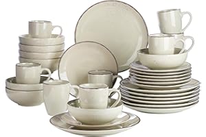 vancasso Navia Nature Dinner Set, Stoneware Vintage Look Beige Dinnerware Tableware, 32 Pieces Dinner Service Set for 8, Include Dinner Plate, Dessert Plate, Cereal Bowl and Mug