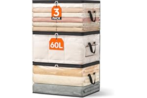 Lifewit 3 Pezzi Scatole per Vestiti Trasparente 60L, Organizer Armadio Pieghevole con Manici, Scatole per Armadio en PVC, Scatoloni Trasloco, Organizer Armadio per Vestiti, Coperte, Piumoni, Libro