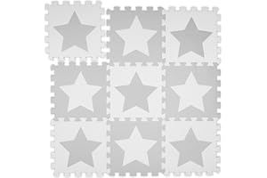 Relaxdays Tapis Puzzle étoiles, 9 carrés, 18 pièces, Mousse EVA, sans substances nocives, Dalle Jeu 91x91 cm, Gris Clair, 10038992