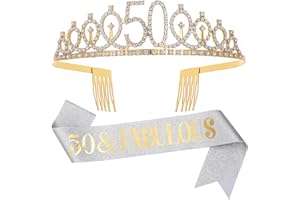 DIMETEY Sliver Gold "50 & Fabulous"Sash & Rhinestone Tiara Set, 50th Birthday Gifts for Women, Birthday Sash/Tiara for Women's 50th Birthday Party Decoration (Sliver 50th)