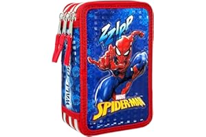 Clondo Astuccio 3 Scomparti 3D Bambini, Per Spiderman Fan, Triplo Riempito, 44 Accessori Scuola Elementare Bambino, 3 Zip, 20 Centimetri