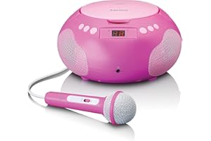 Lenco SCD-620 - Lettore CD per bambini, radio CD, con microfono, lettore karaoke, memoria titoli, ricevitore FM, 2 x 1 Watt RMS, AUX-IN, rosa