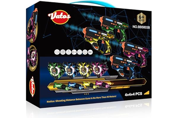 VATOS Ensemble de Laser Tag Rechargeable avec Capteurs 360° pour 4 Joueurs, Infrarouge 2,4 GHz Affichage de Données en Temps Réel, Jeu de Famille et de Groupe pour Enfants et Adolescents, Cadeau pour
