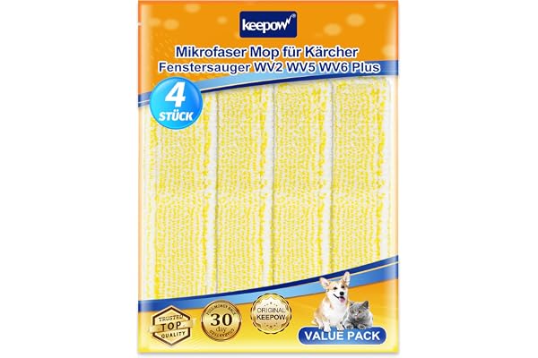 KEEPOW 4 PCS WV Bonnettes Microfibre Accessoire pour Karcher Nettoyeur de Vitres WV 2 Plus N, WV 2 Premium, WV 5 Plus N, WV 5 Premium, WV6 Plus, Yellow