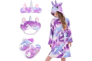 Piefry Weicher Einhorn-Bademantel mit Kapuze für Mädchen mit Einhorn-Pantoffeln, Augenbinde und Stirnband - Geschenke für Mädchen