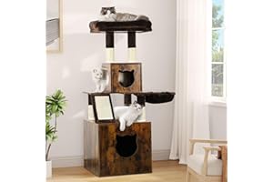 YITAHOME Tiragraffi Moderno con Recinzione per Lettiera, Tavolino Combo e Grande Torre per Gatti con Cestino, Mobili per lettiera 4 in 1 Nascosti e Tiragraffi per Gatti di Grandi Dimensioni