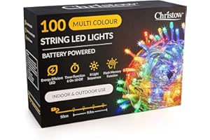 CHRISTOW Christmas Fairy Lights Battery Operated, Multi-Coloured LED String Lighting with Timer, Indoor & Outdoor, 8 Light Modes Flashing & Static Glow, Clear Cable (100 LED / 10m Lit Length)