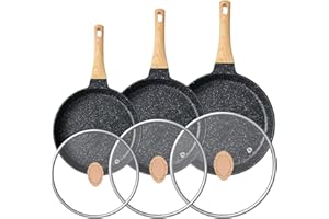 RIOVARM Zestaw patelni nieprzywierających z pokrywkami, nietoksyczne patelnie do płyty indukcyjnej, 20 cm, 24 cm, 28 cm, mała patelnia do jajek, patelnia do omletów, patelnie do gotowania, zestaw