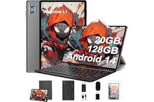 SUAAT Newest 2025 Tablet 10 Pulgadas Android 14, 20GB RAM+128GB ROM/1TB TF, 8-Core, Widevine L1/WiFi 6/Bluetooth 5.0/6000mAh/GMS Certified/8MP+5MP/Tablet PC con Funda, Teclado y Ratón, Gris