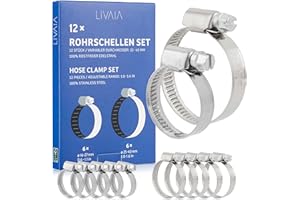 Hose Clamp Set: 12x Stainless Steel Hose Clips – Adjustable 16mm, 0.6in to 40mm, 1.6in – Stainless Steel Pipe Clamp – Pipe Clips – LIVAIA Pipe Clamps, Jubilee Clips