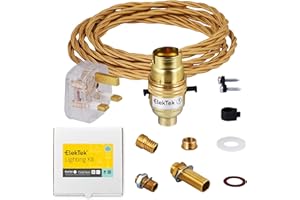 ElekTek Premium UK B22 Lamp Refurbishment Fixing Kit, Solid Brass Safety Switch Bayonet Lamp Holder, Comprehensive Fittings Pack, 13A Plug (3A Fuse), Gold Twisted Braided Fabric 3-Core Lighting Flex