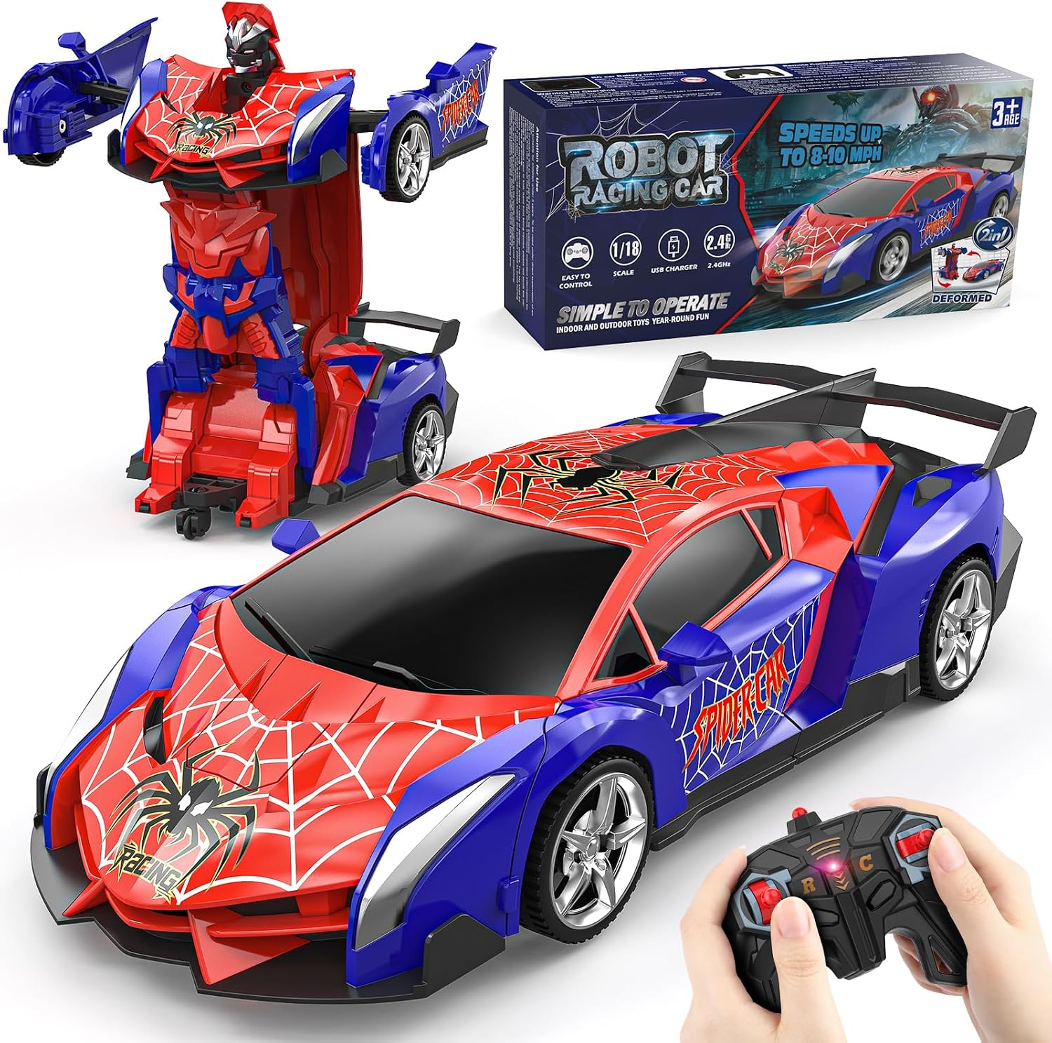 Coche Teledirigido Robot, Spider Transformar RC Carro Radiocontrol Remote Car Juguete Niños Niñas 3 4 5 6 7 8 9 10 Años 2.4GHz Modelo Escala 1/18 Recargable, Juego Vehículo Regalos Cumpleaños Navidad