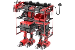 Jgstkcity Power Tool Organizer with 6 Way Extension Lead,4 Layer Wall Mount Drill Holder with 13A Multi Plug Switched Power Distribution Unit,4 Drills Storage Shelf Shop Garage Utility Rack