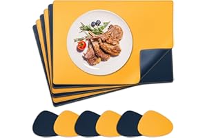 NOSTHEART Manteles Individuales y Posavasos, Salvamanteles Manteles Lavables Individuales con Borde Cosido, Manteles Individuales Antideslizantes Impermeables de Doble Cara, AmarilloAzul2#, Juego de 6