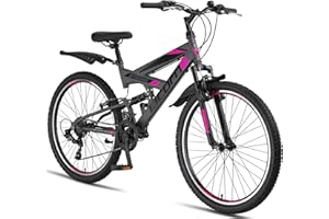 Licorne Bike Premium Mountain Bike Strong da 26 pollici, bicicletta per ragazzi, ragazze, donne e uomini, con cambio Shimano a 21 marce, sospensioni complete