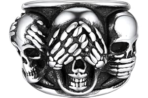 FaithHeart Bague Homme Acier Inoxydable Chevalière Homme Tête De Mort Taille 54-71.5, Ne rien entendre rien voir rien dire Chevalière Crâne Bijoux Anneau Gothique Biker