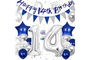 Hierein 14th Birthday Decorations, Blue Silver Birthday Balloons Party Decoration With 14th Banner, Cake Toppers and Triangle Flags, 14 Blue Party Decoration for Him