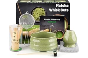 KURKIP 7-częściowy japoński zestaw ceremonii matcha, naturalny bambusowy trzepak matcha, miska do matcha, bambusowa miarka, sitko, ręcznik do herbaty, uchwyt na trzepaczkę, kompletny zestaw matcha, spiralna
