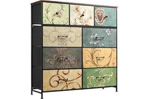 WLIVE Cómoda de 9 Cajones, Gabinete con Parte Superior de Madera y Estructura de Acero para Dormitorio, Sala de Estar, Pasillo, Estampado Vintage
