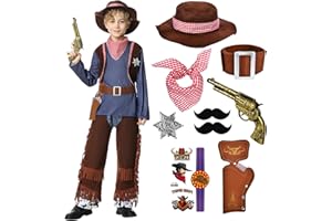 WELLCHY Costume da Cowboy per Bambini, Vestito da Western Cowboy Accessori con Cappello e Bandana, Set di Travestimento Cowboy per Bambini 4-12 Anni per Carnevale, Halloween, Cosplay